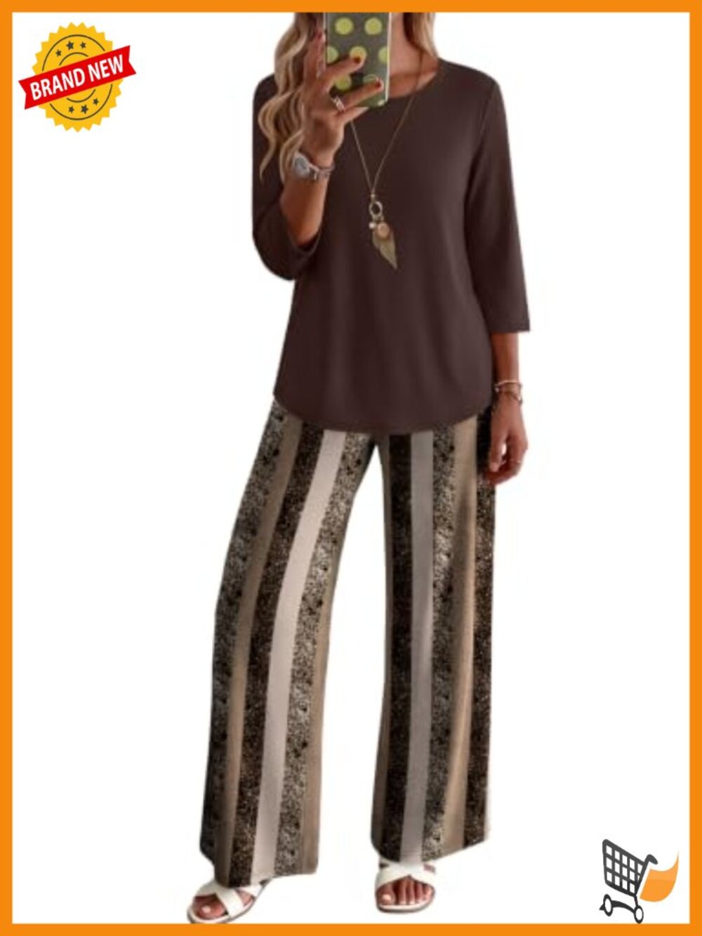 Two Piece Lounge Set 3/4 Sleeve Top & Printed Pants with Pockets